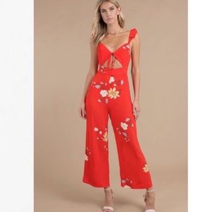 Revolve Capulet Annabel Sleeveless Jumpsuit Sz XS Red Cutout Floral boho ruffle